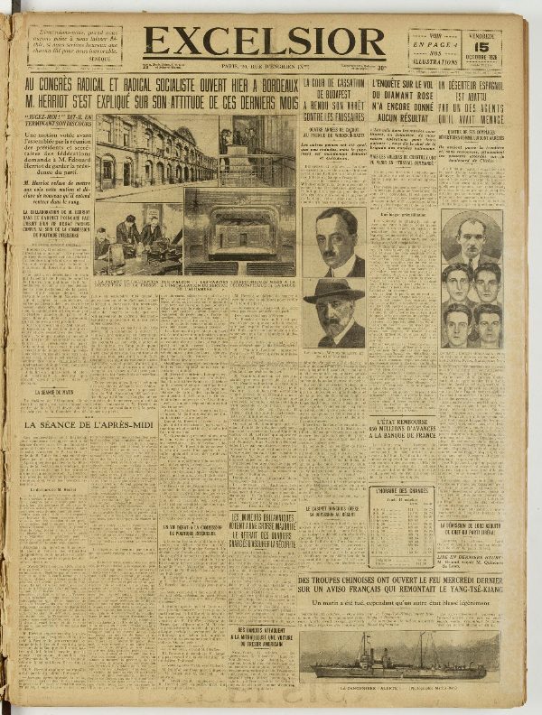 Une du journal Excelsior du 15 octobre 1926 : Au congrès radical et radical SOCIAliSTE ouvert hier a bordeaux M. Herriot s'est expliqué sur son attitude de ces derniers mois