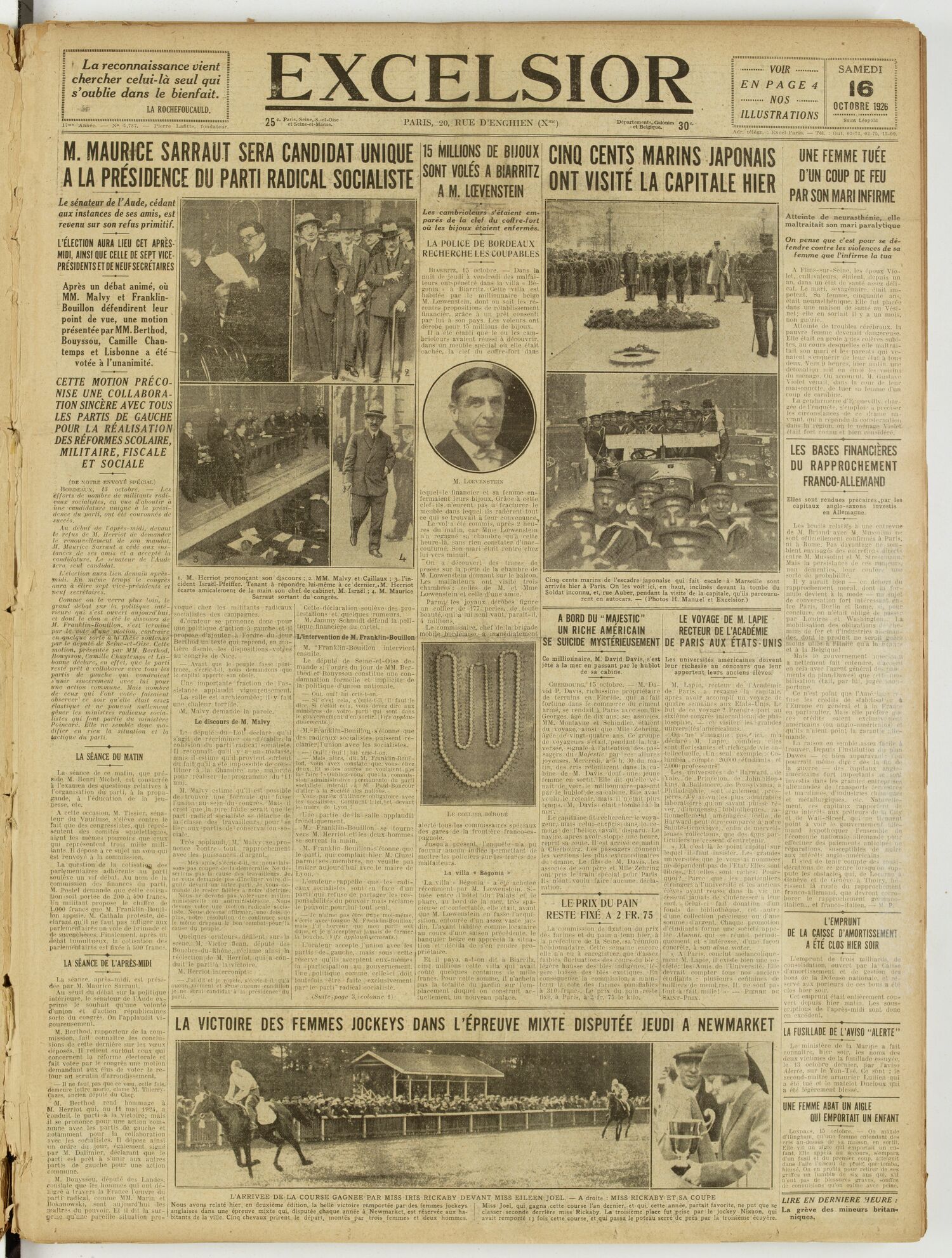 Une du journal Excelsior du 16 octobre 1926 : M. Maurice sarraut sera candidat unique a la présidence du parti radical socialiste