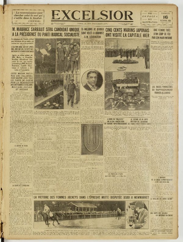 Une du journal Excelsior du 16 octobre 1926 : M. Maurice sarraut sera candidat unique a la présidence du parti radical socialiste