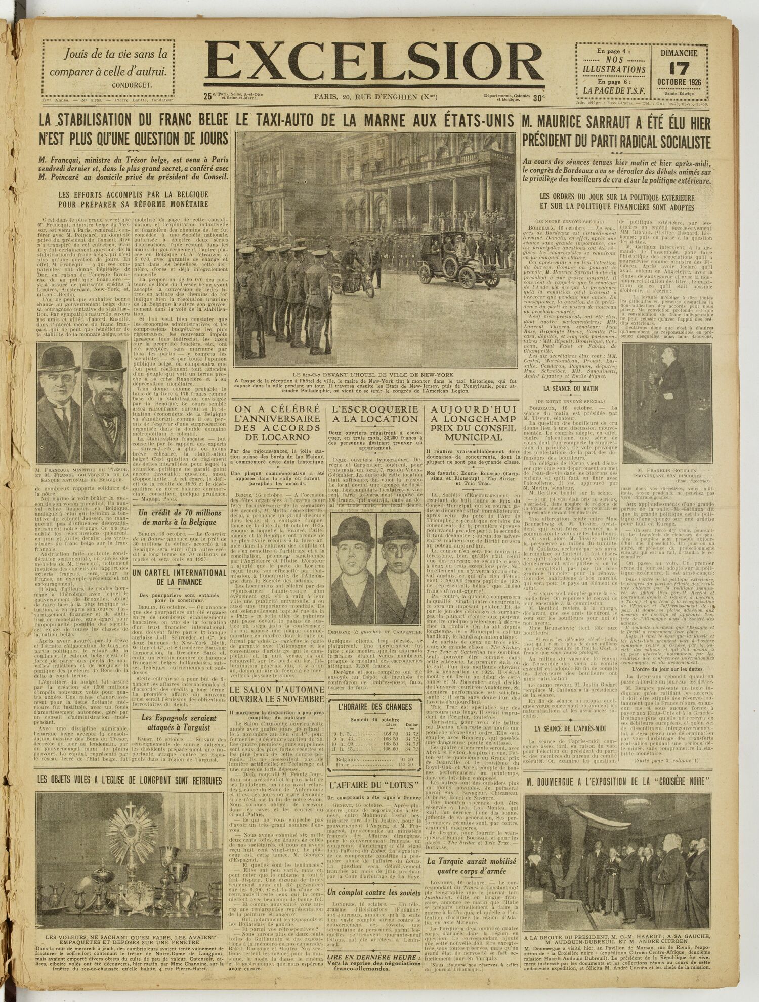 Une du journal Excelsior du 17 octobre 1926 : Le taxi-auto de la marne aux états-unis
