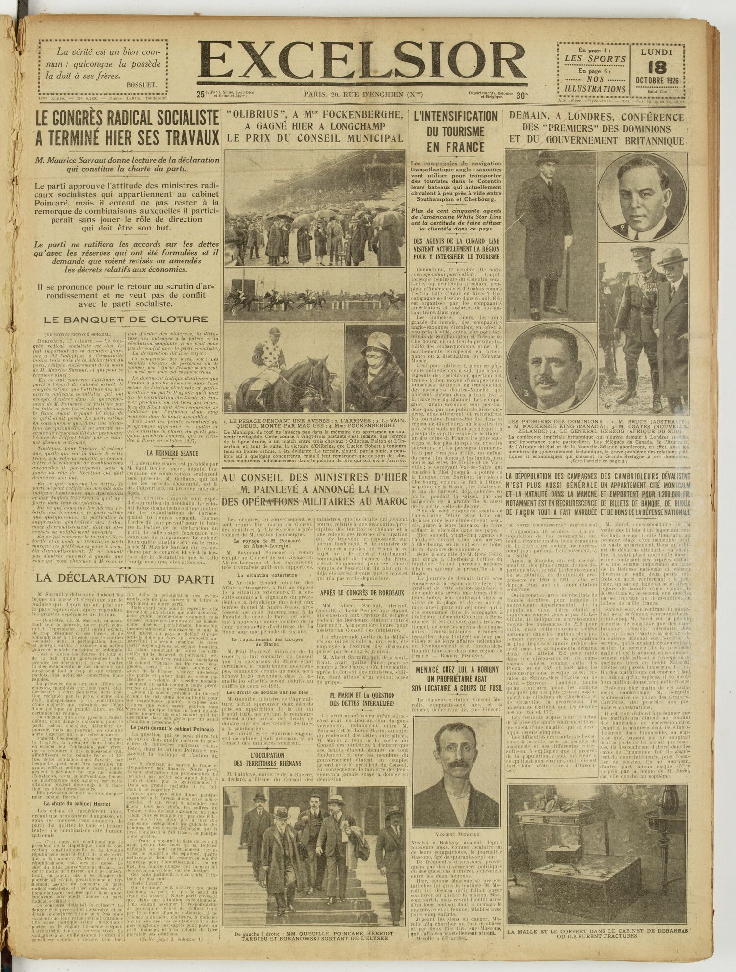 Une du journal Excelsior du 18 octobre 1926 : Le congres radical socialiste a terminé hier ses travaux