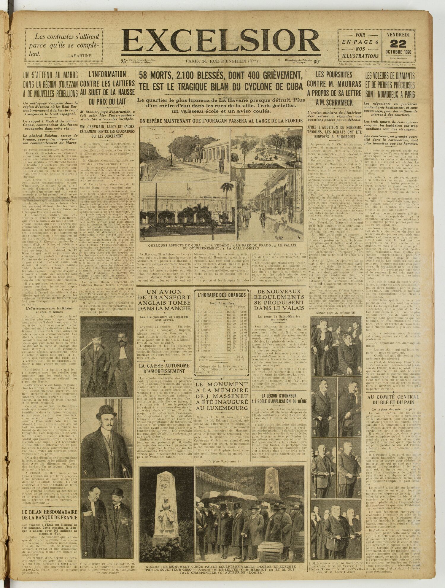 Une du journal Excelsior du 22 octobre 1926 : On s'attend au maroc dans la région d'ouezzan a de nouvelles rebellions