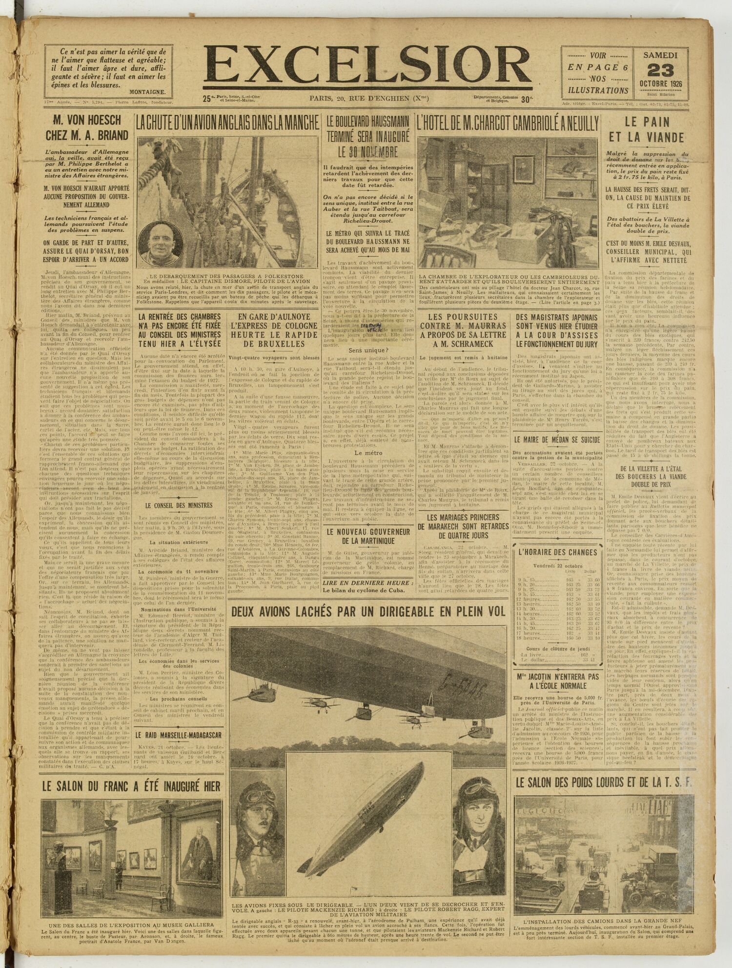 Une du journal Excelsior du 23 octobre 1926 : L'hotel de M. Charcot cambriolé a neuilly