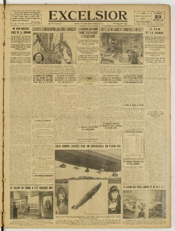 Une du journal Excelsior du 23 octobre 1926 : L'hotel de M. Charcot cambriolé a neuilly