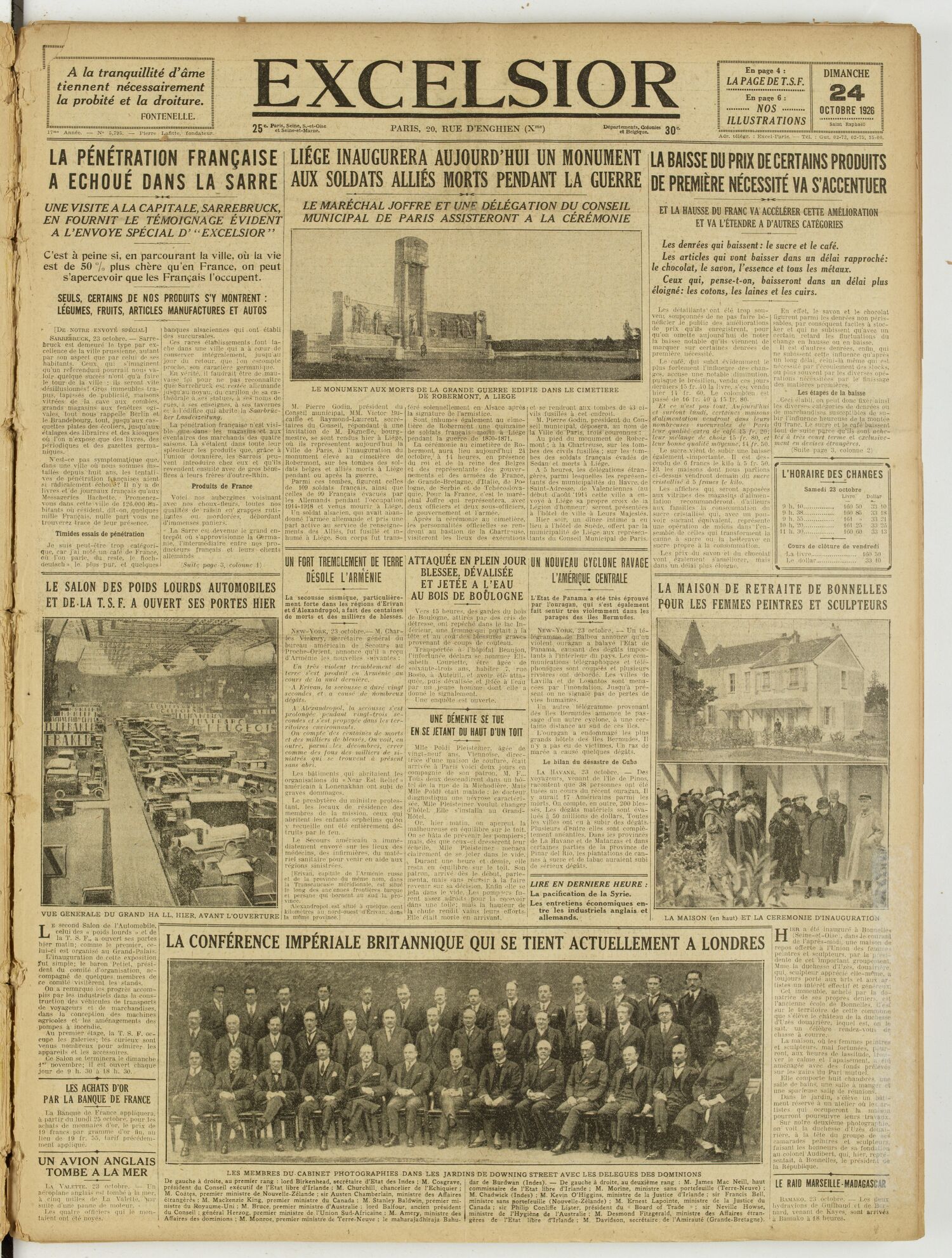 Une du journal Excelsior du 24 octobre 1926 : La penetration française a échoué dans la sarre