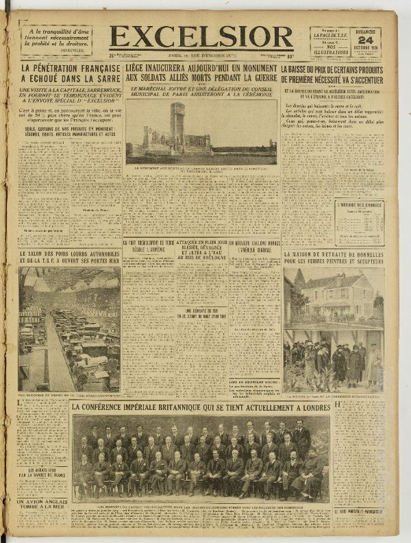 Une du journal Excelsior du 24 octobre 1926 : La penetration française a échoué dans la sarre