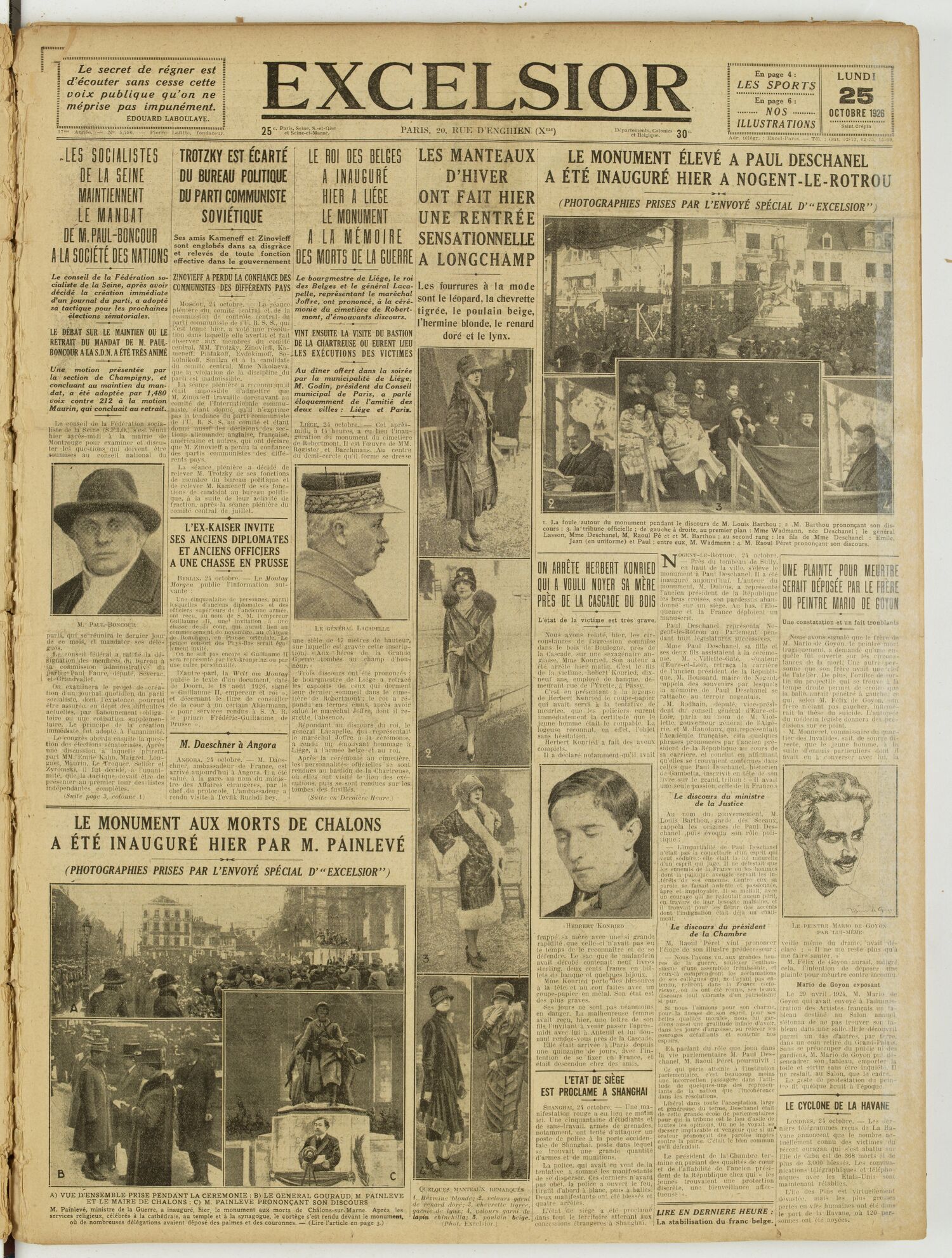 Une du journal Excelsior du 25 octobre 1926 : Les socialistes de la seine maintiennent le mandat de M. Paul-boncour a la société des nations