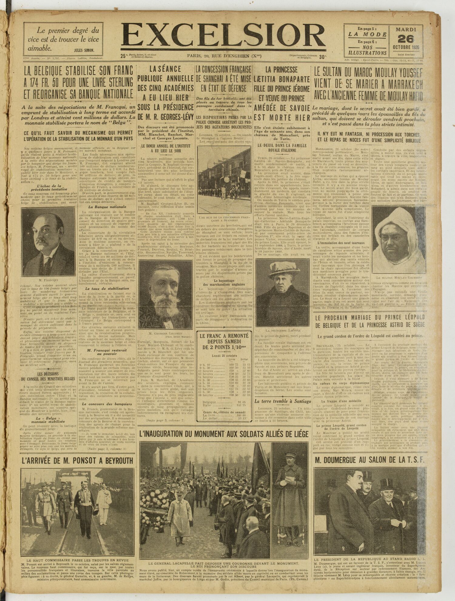Une du journal Excelsior du 26 octobre 1926 : La belgique stabilise son franc a 174 fr. 50 pour une livre sterling et reorganise sa banque nationale