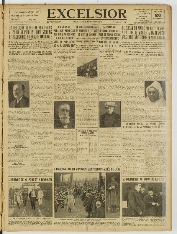 Une du journal Excelsior du 26 octobre 1926 : La belgique stabilise son franc a 174 fr. 50 pour une livre sterling et reorganise sa banque nationale