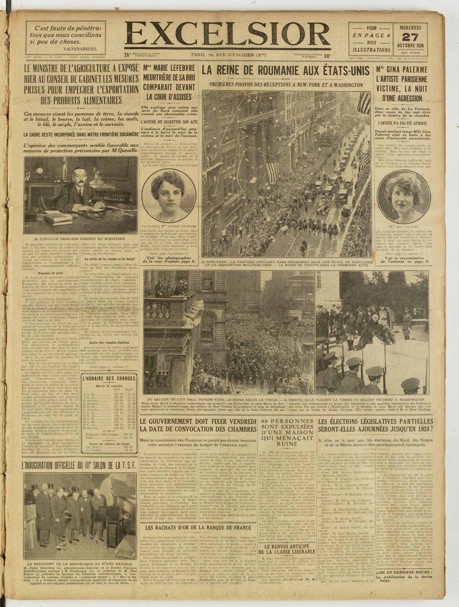Une du journal Excelsior du 27 octobre 1926 : La reine de roumanie aux états-unis