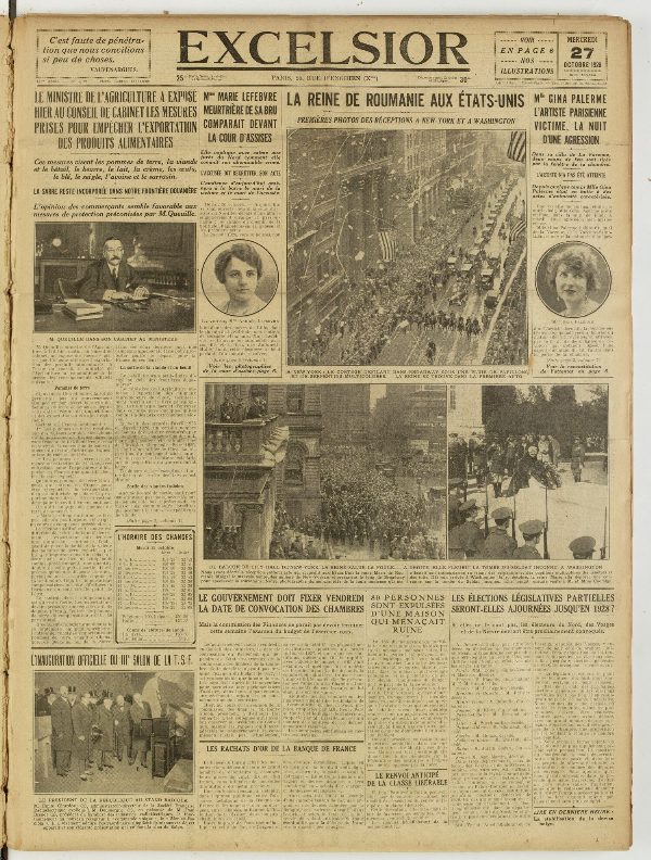 Une du journal Excelsior du 27 octobre 1926 : La reine de roumanie aux états-unis