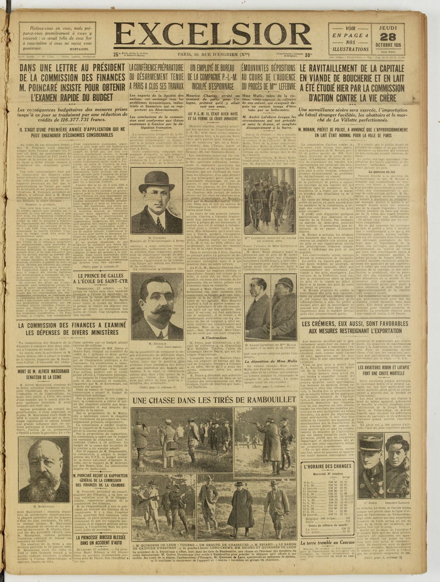 Une du journal Excelsior du 28 octobre 1926 : Un employé de bureau de la compagnie p.-l.-m. inculpé d'espionnage