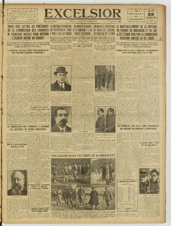 Une du journal Excelsior du 28 octobre 1926 : Un employé de bureau de la compagnie p.-l.-m. inculpé d'espionnage