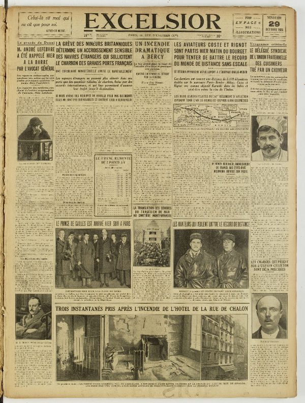 Une du journal Excelsior du 29 octobre 1926 : Le prince de galles est arrivé hier soir a paris