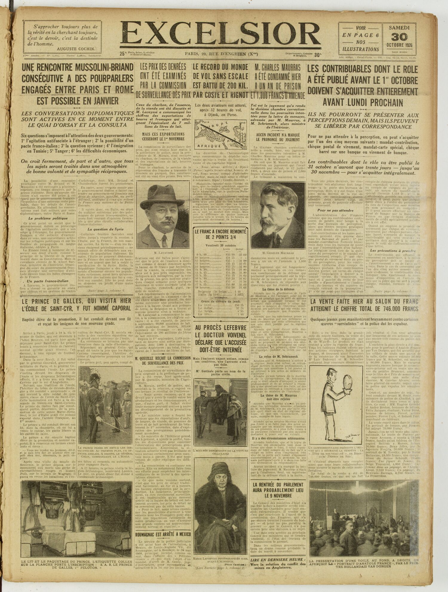 Une du journal Excelsior du 30 octobre 1926 : Ont été examinés